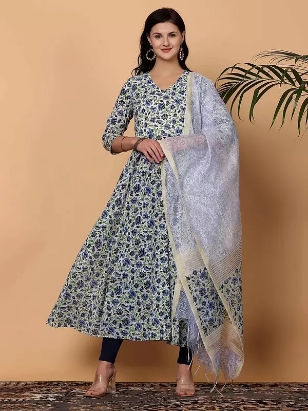 White Block Print Cotton Anarkali Suit With Lycra Bottom And Chanderi Dupatta For Women
