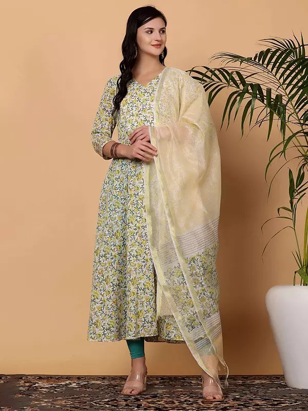 White And Green Floral Block Print Cotton Anarkali Suit With Chanderi Dupatta And Lycra Legging
