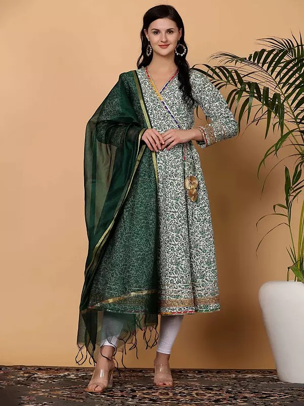 White And Green Hand Block Print Cotton Angrakha Anarkali With Lycra Churidar And Chanderi Dupatta