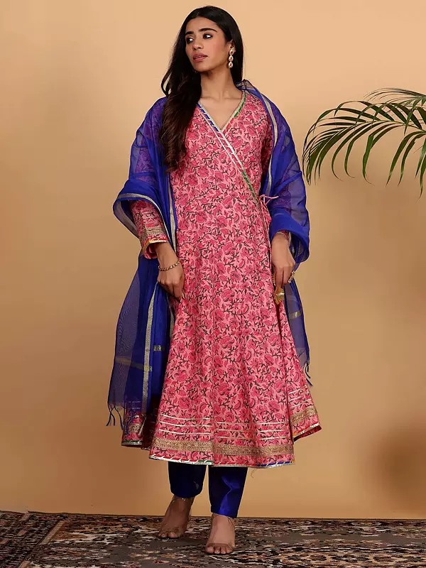 Pink Block Print Cotton Anarkali With Silk Bottom And Chanderi Dupatta Angrakha Style Festive Wear