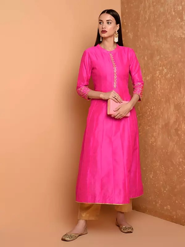 Designer Silk A Line Kurta Set With Fine Embroidery On Sleeves And Mandarin Collar Paired With Contrast Trousers For A Modern Ethnic Look