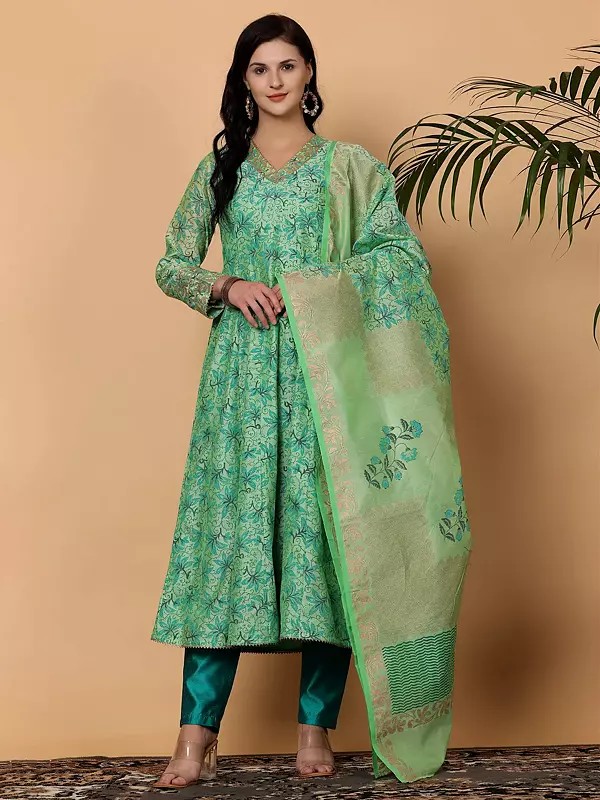 Green Chanderi Block Print Kurta Set With Silk Pants And Matching Chanderi Dupatta For Functions