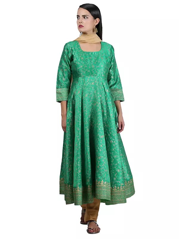 Green Hand Block Print Silk Anarkali Suit With Shantoon Bottom And Chanderi Dupatta