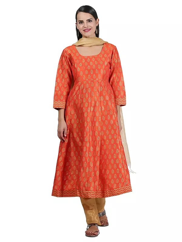 Women Elegant Orange Hand Block Print Silk Flared Anarkali Suit Set For Festive Party Wear