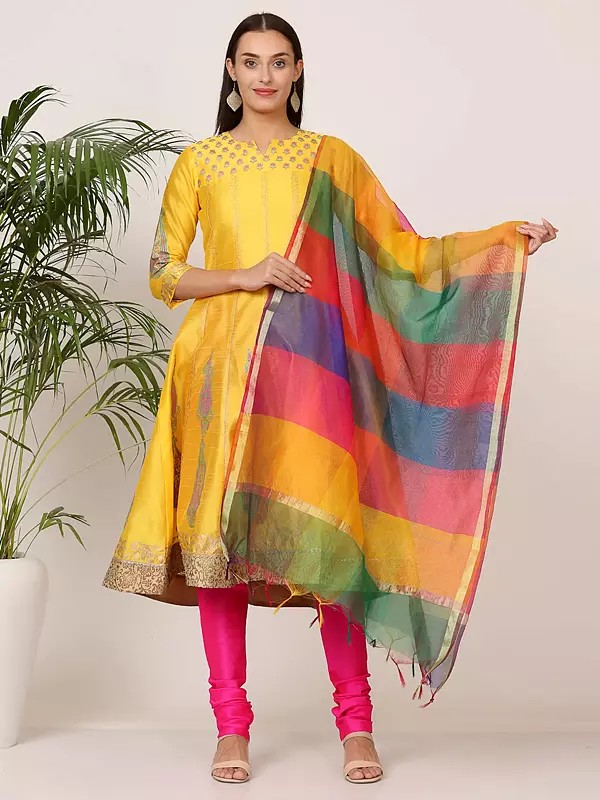 Women's Festive Block Print Silk Kurta Set With Silk Bottom And Multicolor Chanderi Dupatta
