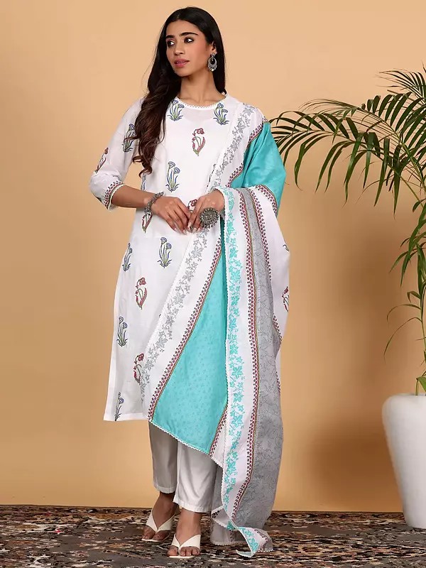 Women's White Cotton Straight Kurta Set With Floral Block Print And Matching Printed Dupatta