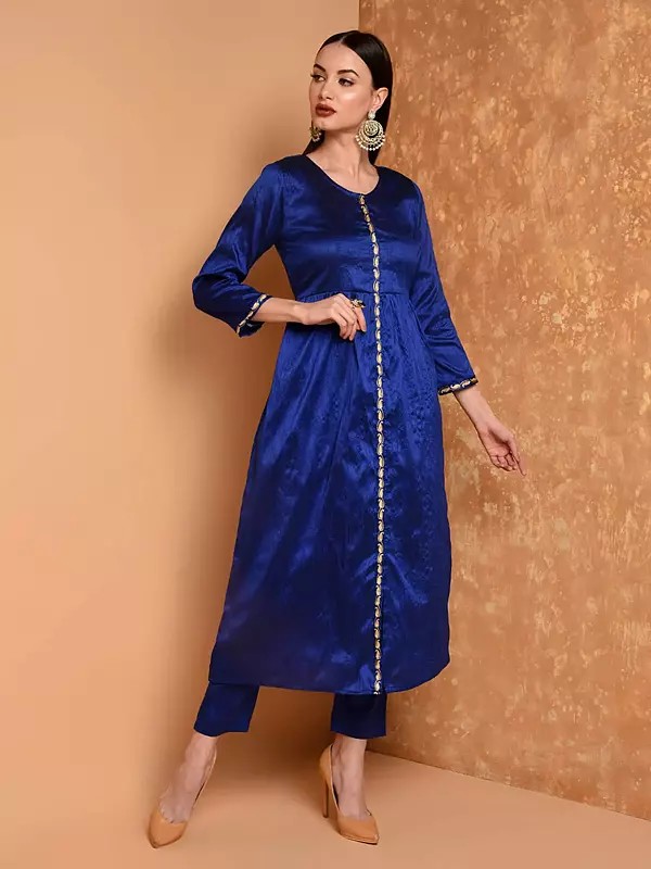 Royal Blue Festive Wear Embroidered A Line Silk Kurta Set With Straight Pants For Women