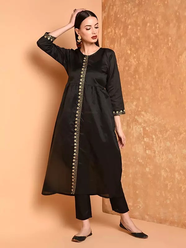 Women's Classic Black Embroidered Party Wear Flared Silk Kurta Set With Straight Pant