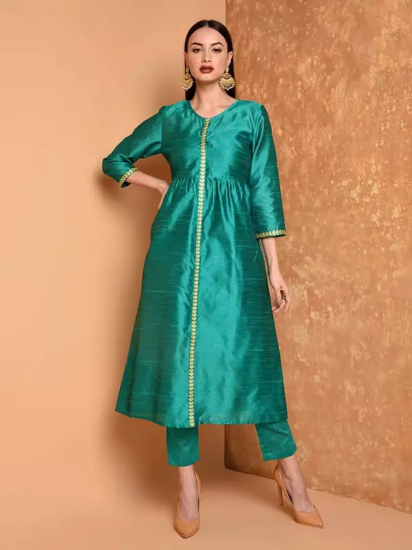 Designer Women Embroidered A Line Silk Kurta Set With Matching Pants For Festive Occasions