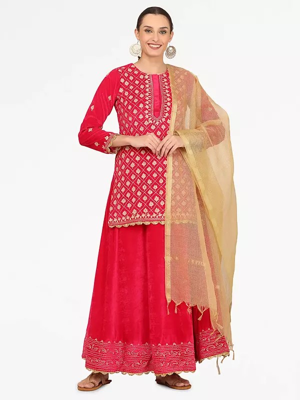 Pink Velvet Kurti Sharara Set With Geometric Embroidery And Chanderi Dupatta For Festive Party Wear
