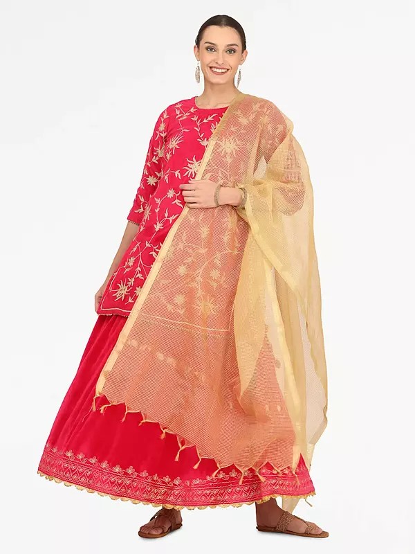 Indian Wedding Pink Velvet Kurti Sharara Set With Golden Embroidery And Chanderi Dupatta