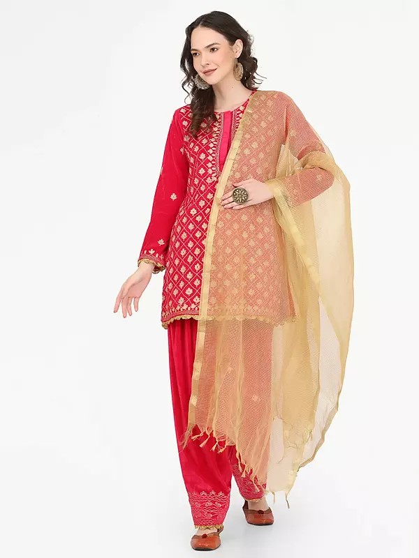 Pink Velvet Salwar Kameez Suit With Heavy Embroidery And Chanderi Dupatta For Indian Parties