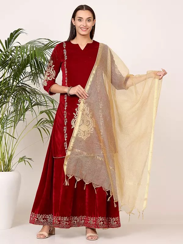 Maroon Velvet Kurti Sharara Set With Floral Embroidery And Chanderi Dupatta For Wedding Occasions