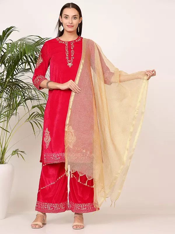 Designer Pink Velvet Palazzo Suit With All Over Embroidery And Chanderi Dupatta Ethnic Wear
