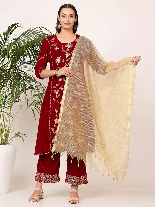 Indian Party Wear Maroon Velvet Kurta With Palazzo Pants And Embroidered Chanderi Dupatta