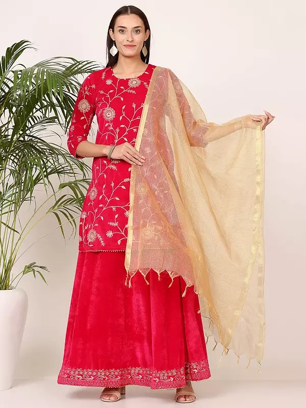 Festive Pink Velvet Kurti Sharara Set With Floral Embroidery And Chanderi Dupatta Indian Ethnic Dress
