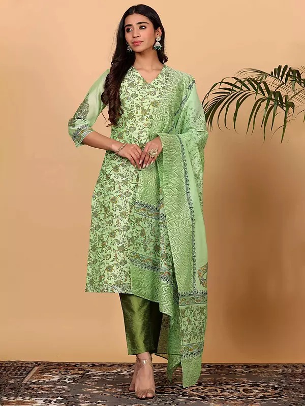 Women Green Chanderi Kurta With Floral Block Print And Silk Trousers Indian Ethnic Suit For Party Wear