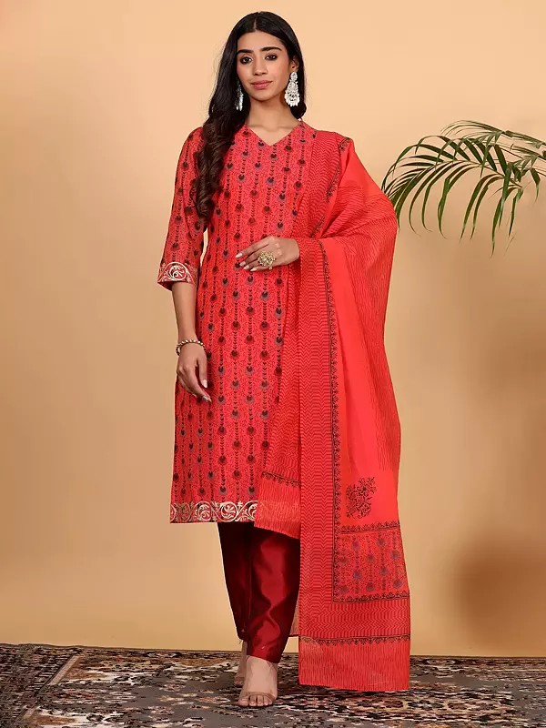 Indian Ethnic Red Chanderi Kurta With Polka Dot Block Print And Silk Pants Best For Festive And Party Occasions