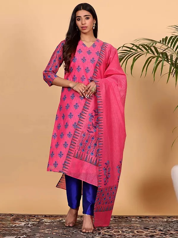 Pink Women Chanderi Kurta Set With Blue Block Print And Silk Pants For Casual Wear