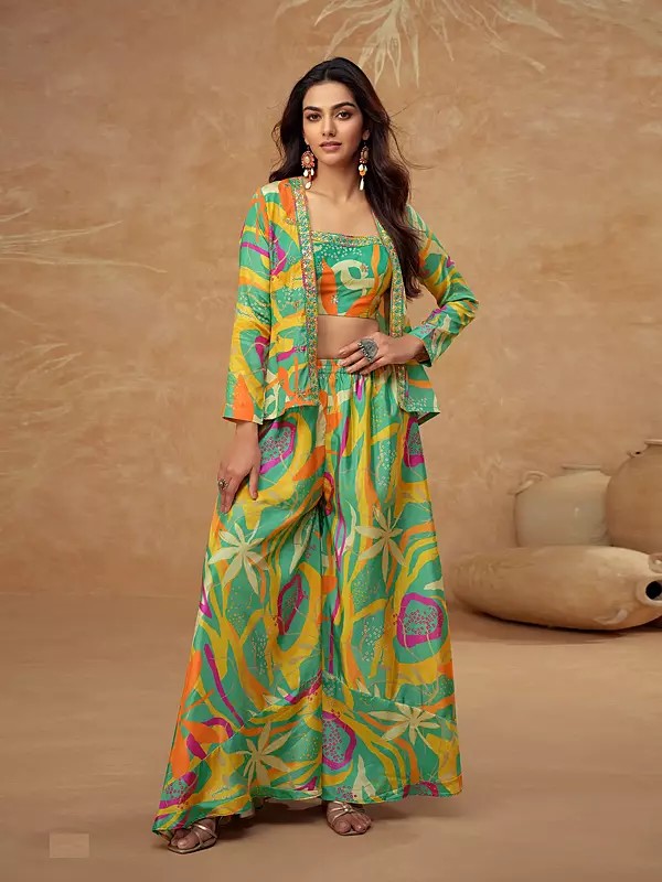 Green Palazzo Salwar Suit Chinon Ethnic Wear Designer Outfit For Festival Party Wedding Ceremony