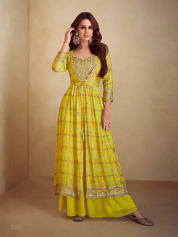 Yellow Palazzo Salwar Suit Chinon Ethnic Wear Designer Outfit For Festival Party Wedding Ceremony