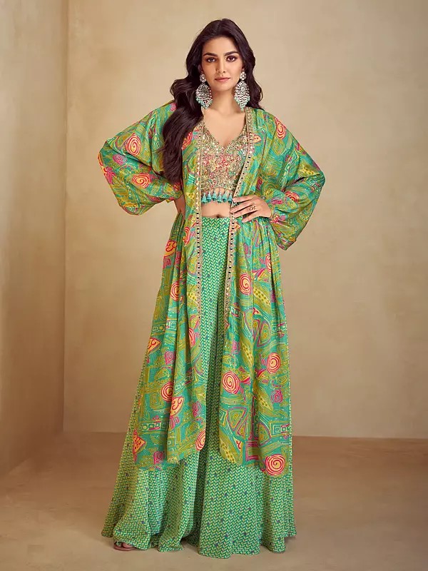 Light-Green Palazzo Salwar Suit Chinon Ethnic Wear Designer Outfit For Festival Party Wedding Ceremony