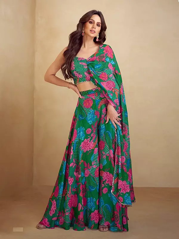 Women's Elegant Green Chinon Palazzo Salwar Suit With Beautiful Floral Designer Ethnic Occasion Wear