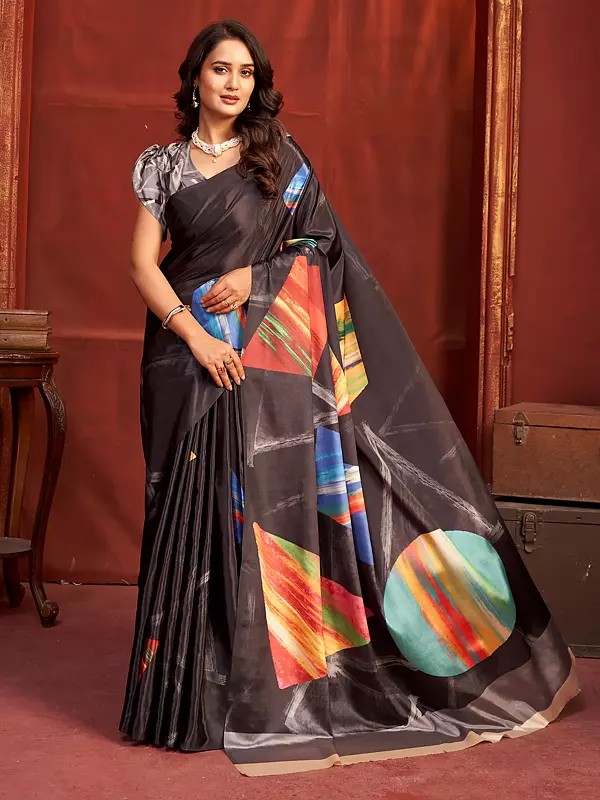 Black Crepe Silk Penetration Print Saree For Women's Elegant Designer Light weight Partywear Statement Sari