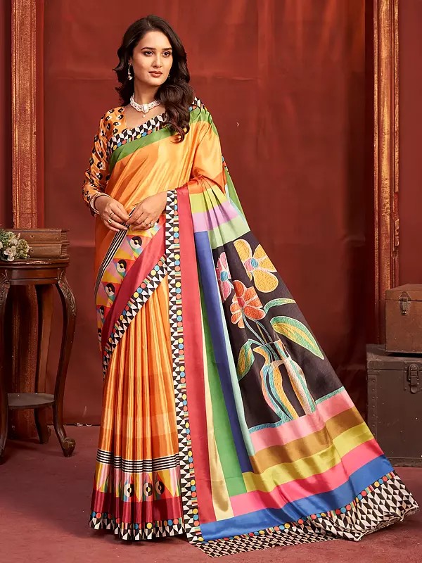 Peach Crepe Silk Floral Print Saree Soft Designer Comfortable Festive Ethnic Elegant Sari For Women Wear