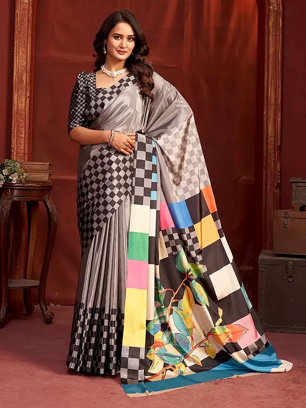 Steel-Grey Crepe Silk Deep Print Saree Contemporary Designer Lightweight Stylish Elegant Partywear Sari