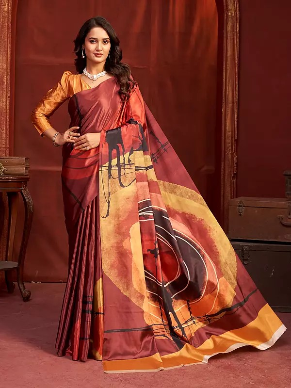 Rust-Orange Crepe Silk Elegant Print Saree Colorful Designer Festive Stylish Traditional Elegant Sari