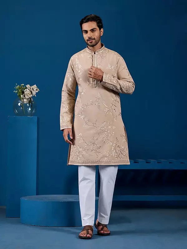 Viscose Silk Men's Kurta With Thread And Sequence Embroidery Perfect For Festive And Evening Occasions