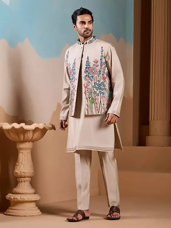 Silk Men's Kurta Koti Three Piece Set Multi Thread Sequence Embroidery Modern Festive Jacket Style Outfit