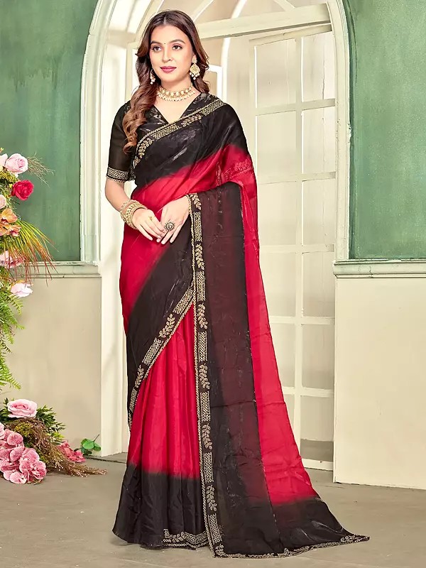 Fendy Satin Silk Saree With Beautiful Heavy Zircon Cut Work Designer Partywear Luxury Ethnic Elegant Drape