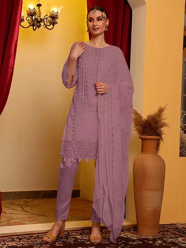 Premium Embroidered Faux Georgette Salwar Suit With Santoon Bottom And Chiffon Dupatta For Women Wear