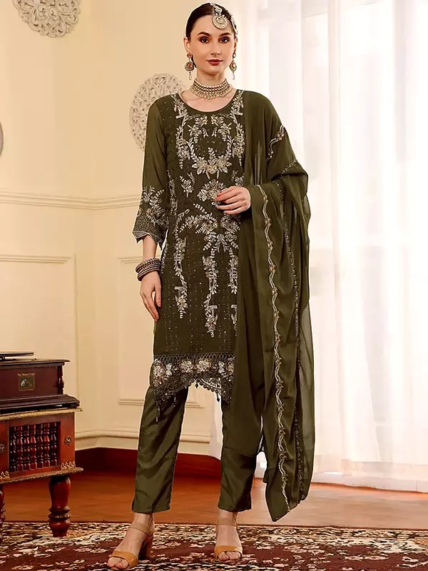 Classic Embroidered Faux Georgette Salwar Suit With Santoon Pant And Chiffon Dupatta Ideal For Party Wear