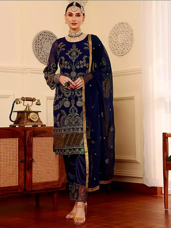 Stylish Embroidered Faux Georgette Salwar Suit With Santoon Bottom And Chiffon Dupatta For Wedding Occasion