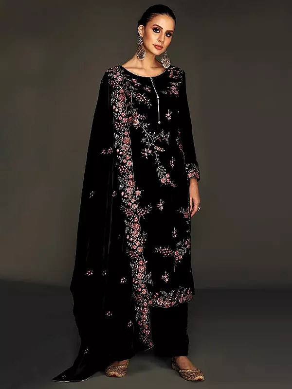 Designer Velvet Palazzo Suit With Santoon Bottom And Chinon Dupatta For Women Ethnic Embroidered Party Wear