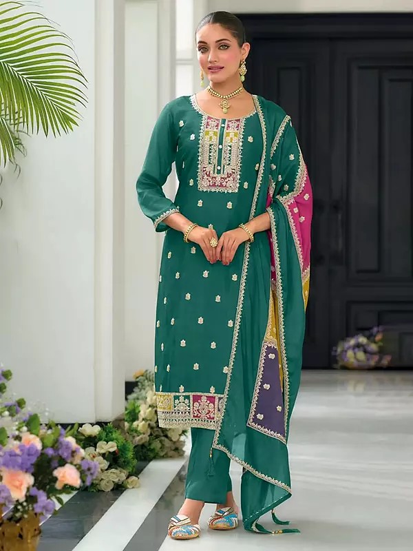 Elegant Chinon Salwar Suit With Rayon Silk Bottom And Chinon Dupatta For Ethnic Party Wear Collection