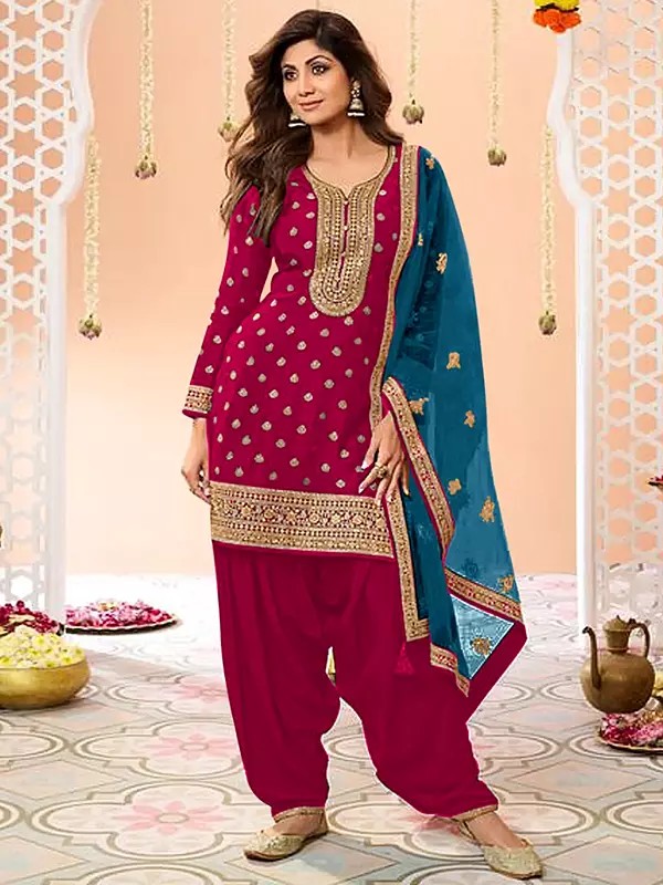 Premium Silk Patiala Salwar Suit With Santoon Bottom And Net Dupatta Thread Weaving And Embroidery Work