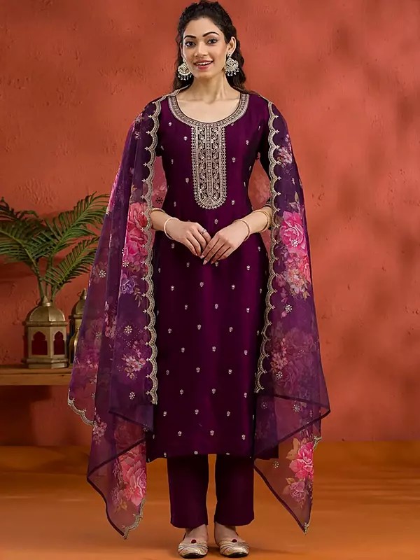 Designer Embroidered Long Suit With Luxe Organza Dupatta Perfect For Festive Celebrations And Party Wear