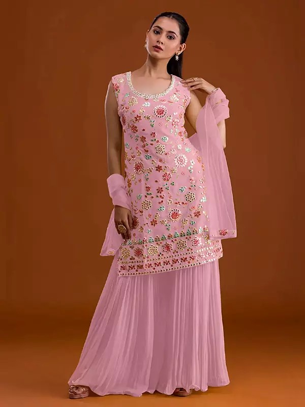 Georgette Embroidered Palazzo Suit With Multi Thread And Foil Mirror Work Stylish Festive Party Wear Set