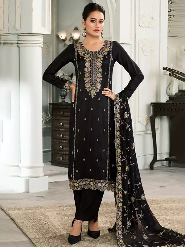 Premium Munga Silk Straight Suit With Sequin Thread Embroidery Chinon Dupatta Santoon Pant Festive Wear