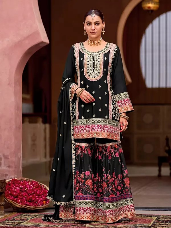 Chinon Embroidered Sharara Suit With Elegant Floral Print Designer Dupatta Party Wear Festive Ethnic Set For Women