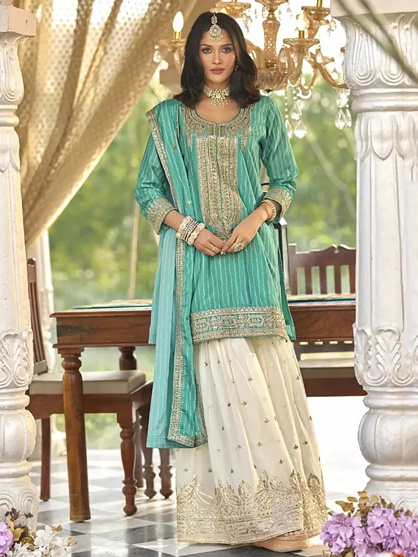 Bandhani Print Chinon Sharara Suit With Thread Sequin Embroidery With Dupatta Elegant Party Wear Ethnic Festive Set