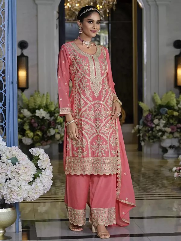 Graceful Chinon Long Straight Suit Featuring Thread Sequin Dori Embroidery With Designer Dupatta For Festive Elegance