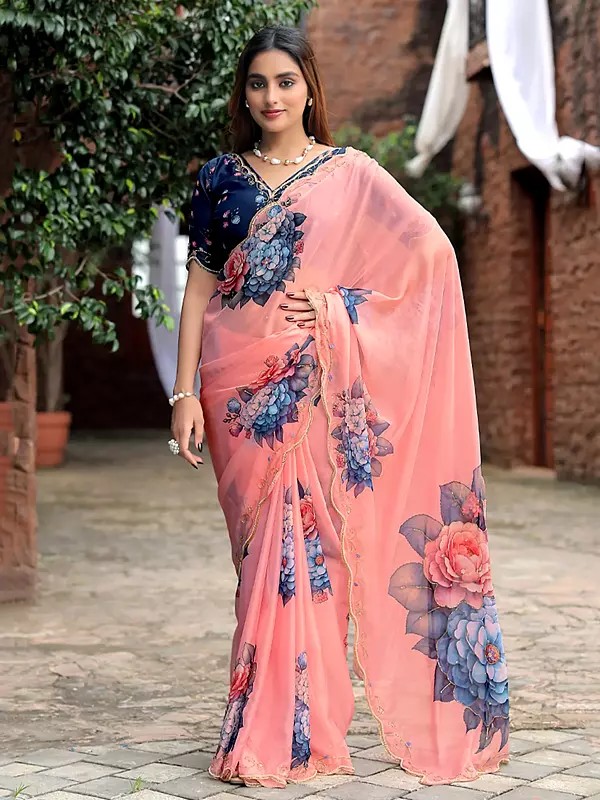 Women's Beautiful Pink Tabby Silk Saree With Elegant Floral Print And Exquisite Hand Work Designer Festive Ethnic Wear