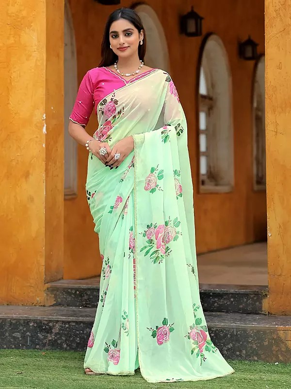 Light-Green Tabby Silk Saree With Artistic Floral Print Handcrafted Detailing Premium Designer Ethnic Statement Drape