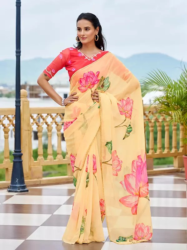 Orange Tabby Silk Saree Featuring Artistic Floral Print Handcrafted Embroidery Exclusive Celebration Ethnic Attire