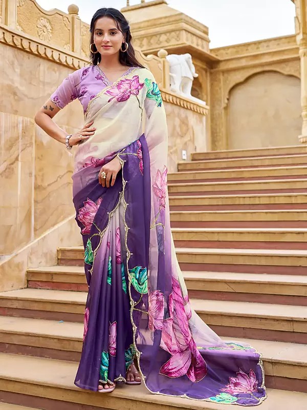 Elegant Purple Tabby Silk Saree With Exquisite Floral Print Detailed Hand Work Modern Ethnic Statement Drape